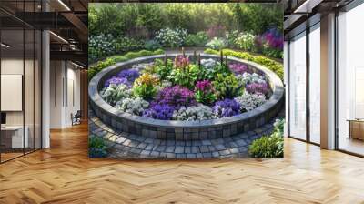 The beautiful summer garden at home boasts a stunning design with lush green trees, vibrant flowers, and a backdrop of nature bathed in sunlight during the spring, creating an enchanting outdoor space Wall mural