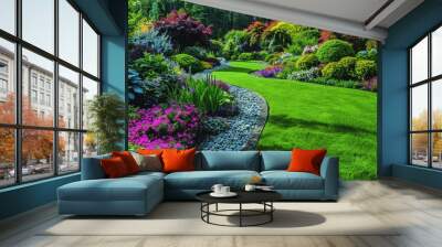 The beautiful summer garden at home boasts a stunning design with lush green trees, vibrant flowers, and a backdrop of nature bathed in sunlight during the spring, creating an enchanting outdoor space Wall mural