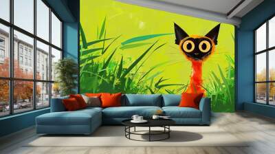   A captivating depiction of a feline perched amidst towering blades of grass, with alert, dilated pupils locked onto the viewer Wall mural