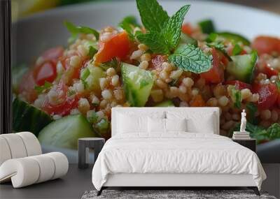   A close-up of a bowl filled with sliced cucumbers, juicy tomatoes, and fresh mint Wall mural