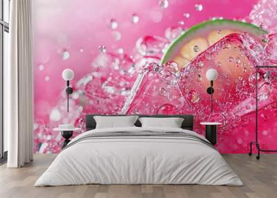   A close-up of a lime wedge in a glass of water, surrounded by bubble patterns against a pink and white backdrop Wall mural