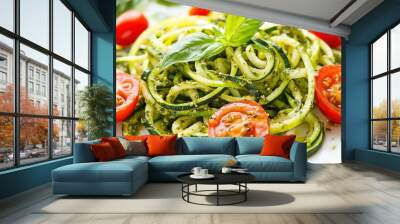   A close-up of a zucchini noodle plate featuring fresh tomatoes and basil Wall mural