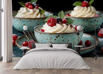   A close-up shot of a scrumptious bowl adorned with whipped cream and vibrant raspberries resting elegantly on a plate, accompanied by a fork Wall mural