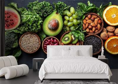   A colorful array of fruits and veggies arranged on a dark background, featuring avocado, oranges, and spinach, with a sprinkling of nuts Wall mural