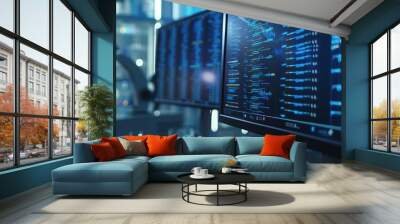   A computer monitor resting atop a desk beside a keyboard and a monitor filled with data Wall mural