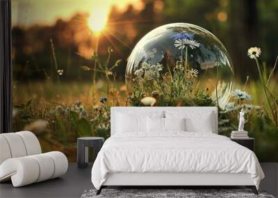   A crystal ball rests amidst a sea of green grass dotted with daisies Wall mural