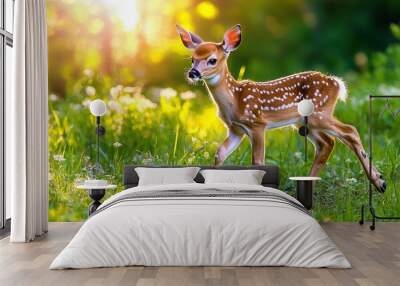   A deer stands in a green meadow under sunny tree branches Wall mural