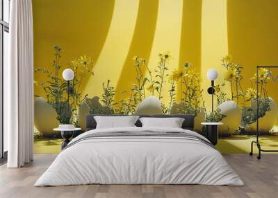   A field of daisies with a group of eggs in the middle, against a yellow backdrop Wall mural