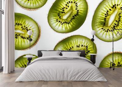   A Kiwi sliced in half sits atop a white countertop alongside another Kiwi, also cut in half, on a white countertop Wall mural