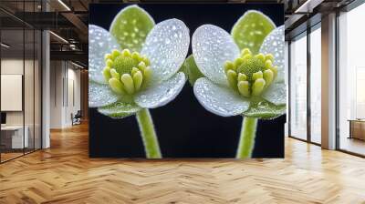   A macro of two white flowers with glistening droplets on their green petals Wall mural