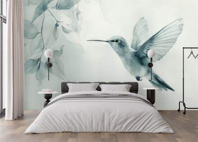   A monochrome image depicting a hummingbird in flight alongside a tree leaf-laden branch Wall mural