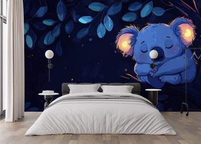  A painting depicts a slumbering koala perched on a tree limb, with its head leaning on its paws and eyes shut Wall mural