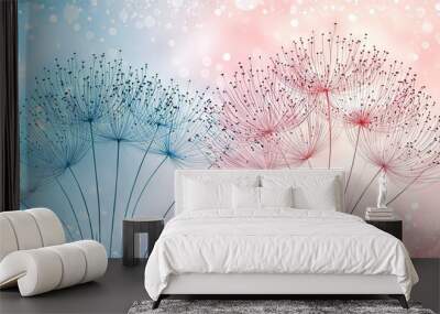   A pair of dandelions resting together on a blue-pink and white tablecloth Wall mural