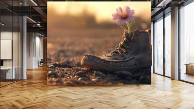   A pair of shoes with a flower protruding from its soles on a rocky terrain during sunset Wall mural