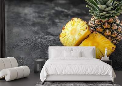   A pineapple cut in two halves and placed on a black background with a bite taken out of one piece Wall mural