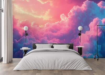   A pink and blue sky with clouds and stars Wall mural