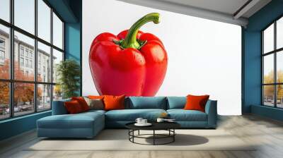   A red pepper with a green stalk protruding from its side, on a white background Wall mural