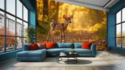   A small deer stands on a leaf-covered path in a wooded area under sunlight filtering through the trees Wall mural