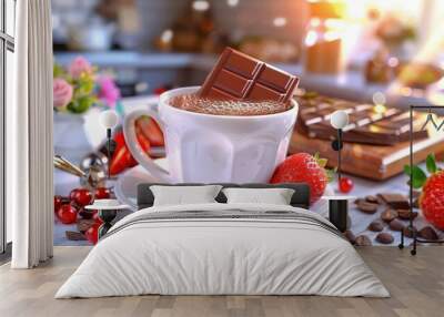   A steaming mug of hot cocoa, garnished with fresh strawberries, rests atop a plate beside an assortment of delectable chocolate bars Wall mural