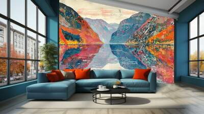   A stunning image showcasing a picturesque mountain range surrounded by a serene lake and mirrored mountains on the water surface Wall mural