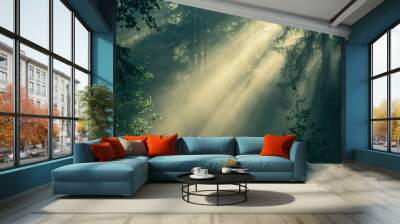   A sun-filled forest brimming with towering trees, their canopies casting dappled light Wall mural