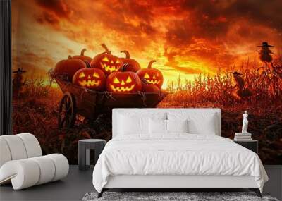   A wagon filled with carved pumpkins in a cornfield under a full moon at night Wall mural