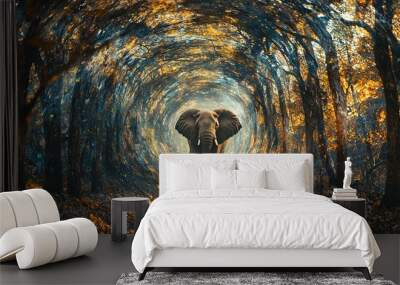   An elephant stands in a forest tunnel surrounded by green leaves on the ground Wall mural