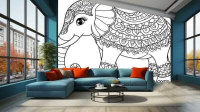   An elephant with patterned skin and tusked tusks is sketched in black and white Wall mural