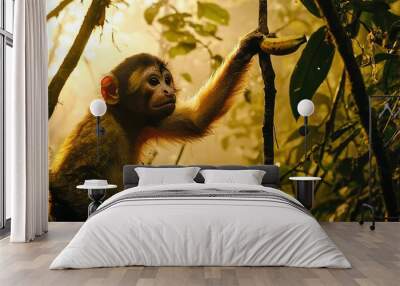   An image depicts a monkey on a tree branch with a banana dangling from its grasp, set against a lush jungle backdrop with sunbeams filtering through the Wall mural