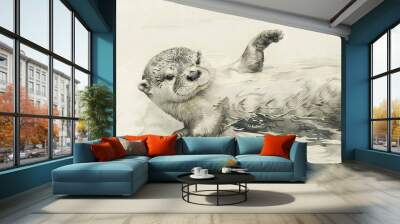   Black and white illustration of a sea otter lounging on its back in the water with one paw raised Wall mural