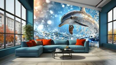   Dolphin leaping from water, bubbles on back, head above surface Wall mural