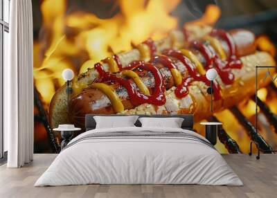  Hot dog on bun, ketchup & mustard, grilling flames Wall mural