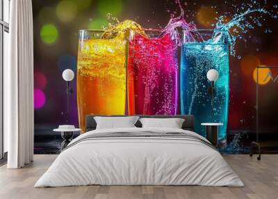  Three glasses filled with colored liquid on a wooden table near a colorful wall with bouncy lights Wall mural