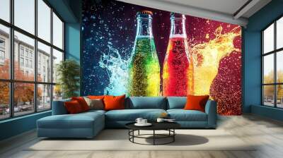   Two bottle of soda with water splashing out on black background with water splash at base Wall mural