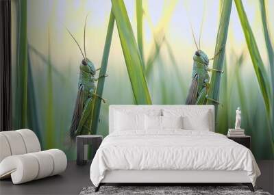   Two grasshoppers in tall grass, blue sky backdrop Wall mural