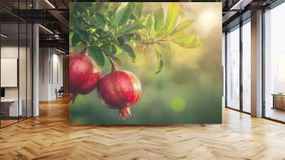   Two pomegranates dangling on a tree limb, surrounded by emerald foliage, with golden beams filtering through the leaves Wall mural