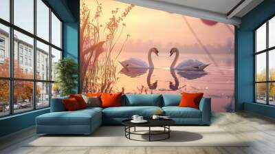   Two swans glide through a lake with reeds in the foreground and a setting sun behind them Wall mural