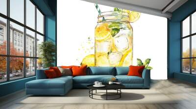   Watercolor painting of a mason jar filled with lemons and mint, featuring a straw and two lemon wedges Wall mural