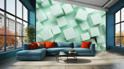   White cubes scattered throughout the room, surrounded by a green wall Wall mural