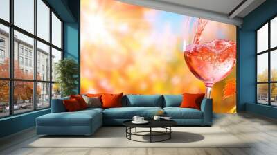 a glass of wine being poured into a wine glass with leaves in the foreground and a bright blue sky in the background. Wall mural