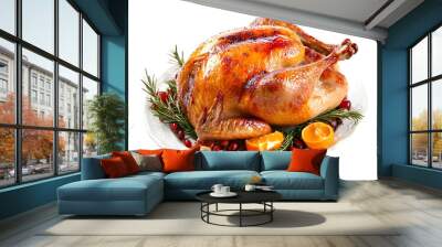 A perfectly roasted whole turkey, golden and crispy, garnished with fresh rosemary, citrus fruits, and cranberries, presented on a white platter, ready for a festive meal Wall mural