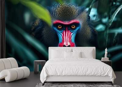 A colorful monkey with a red, yellow and blue face is looking at the camera. The image has a vibrant and lively mood, with the bright colors of the monkey's face Wall mural