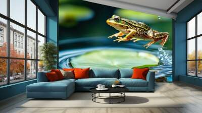 A frog is jumping into a pond. The water is calm and clear. The frog is green and brown Wall mural