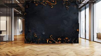 A gold framed black background with a gold leaf design. The design is ornate and intricate Wall mural