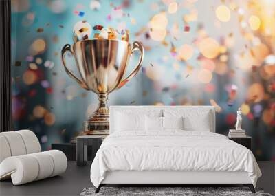 A gold trophy is on a wooden pedestal with confetti falling around it Wall mural