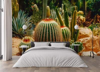 A group of cacti and other plants are growing in a rocky area Wall mural