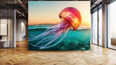 A jellyfish is swimming in the ocean. The water is blue and the sky is orange. The jellyfish is surrounded by rocks Wall mural