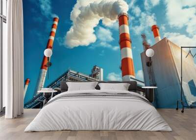 A large industrial plant with a lot of smoke coming out of it. The sky is blue with some clouds Wall mural