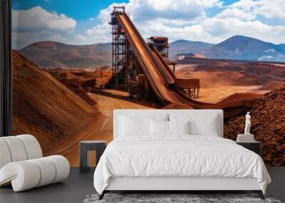 A large pile of dirt and rocks with a conveyor belt in the middle Wall mural