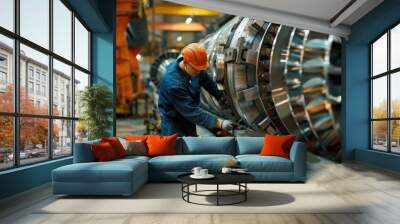 A man in a blue jacket is working on a large piece of machinery. Concept of industry and hard work, as the man is focused on his task Wall mural